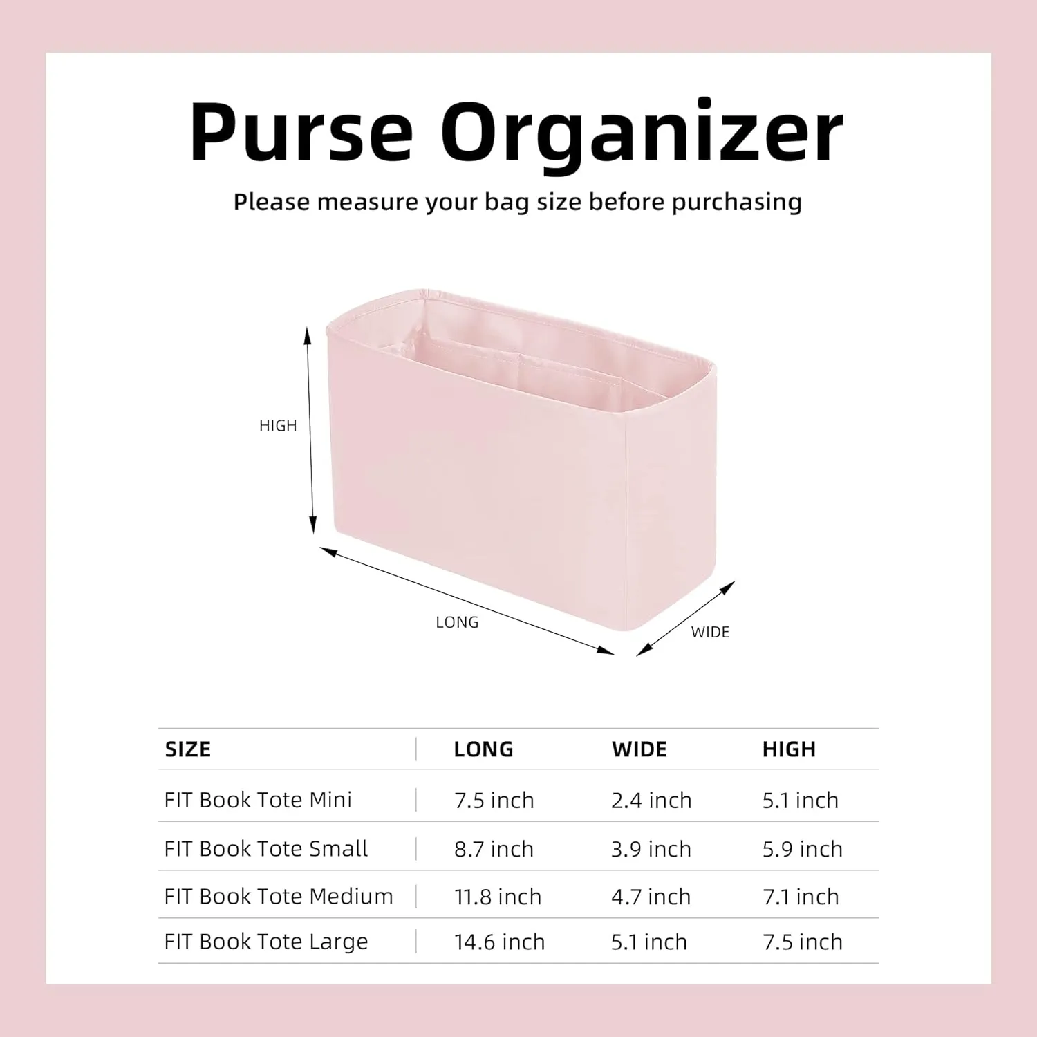 DGAZ Silk Purse Organizer Insert For Dior Book Tote mini/S/M/L，Silky Smooth Bag Organizer，Luxury Handbag & Tote Shaper（Pink，BT-S）
