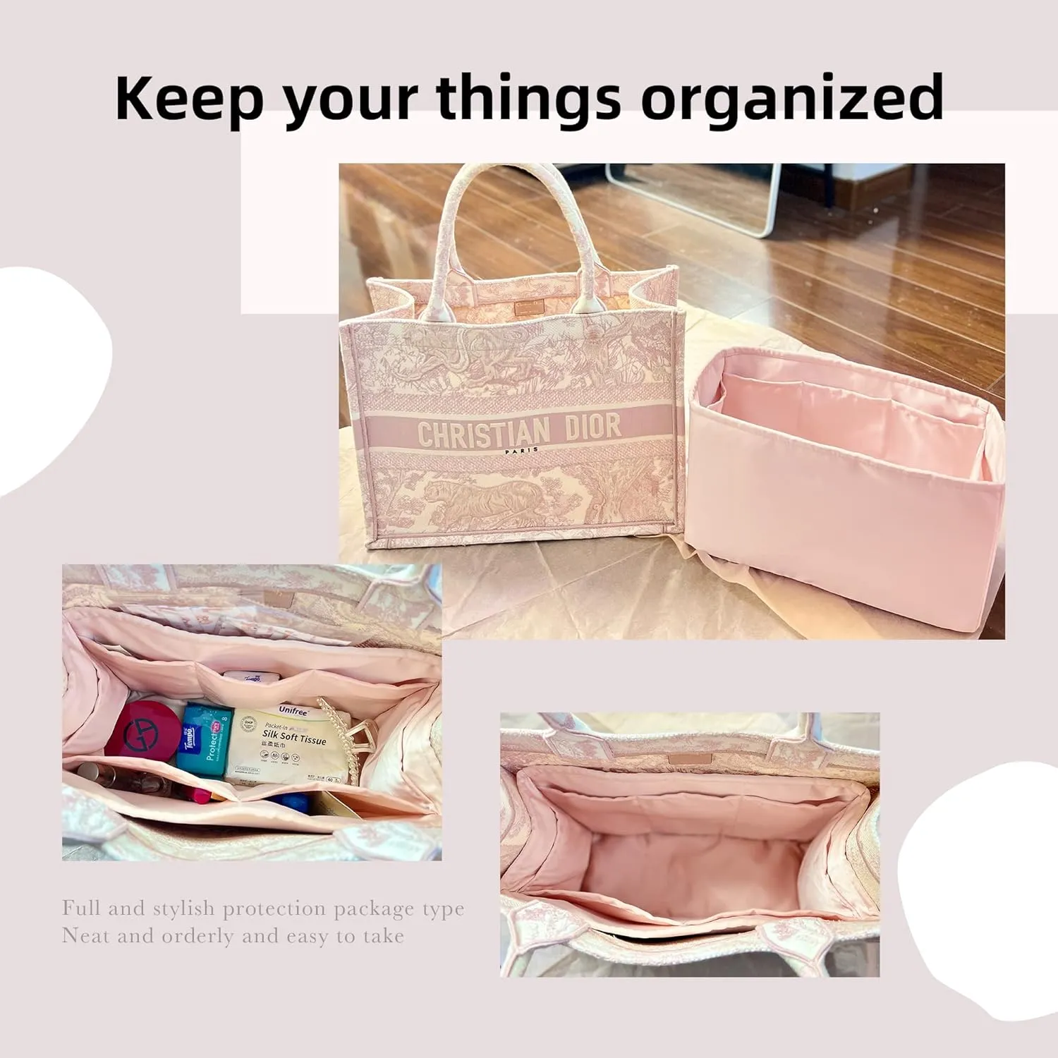 DGAZ Silk Purse Organizer Insert For Dior Book Tote mini/S/M/L，Silky Smooth Bag Organizer，Luxury Handbag & Tote Shaper（Pink，BT-S）