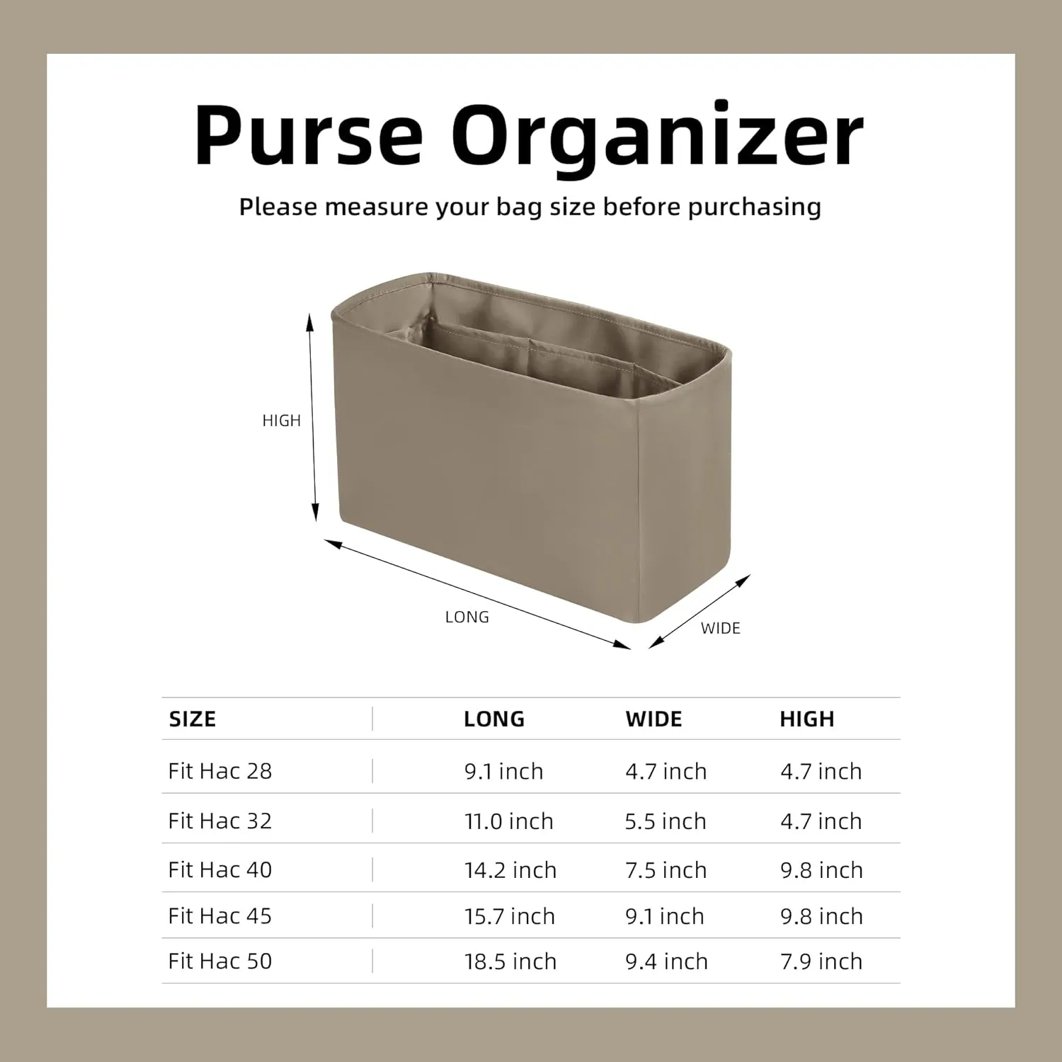 DGAZ Silk Purse Organizer Insert For Hermes Hac 28/32/40/45/50 Bags, Luxury Handbag & Tote Organizer, Simplicity bag organizer(Cris tourterelle,Hac28)