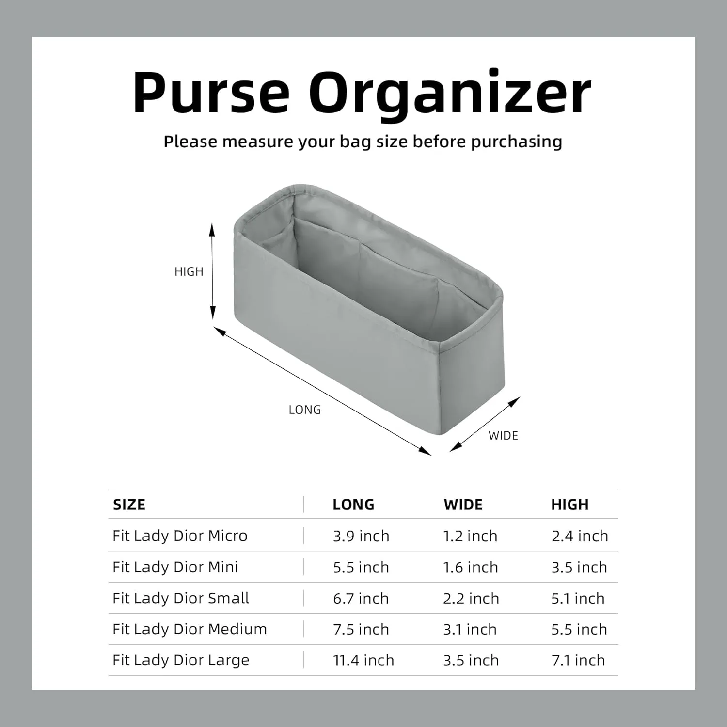 DGAZ Silk Purse Organizer Insert For Lady-Dior Micro/Mini/S/M/L bags，Silky Smooth Bag Organizer，Luxury Handbag & Tote Shaper(Pearl gray,M)