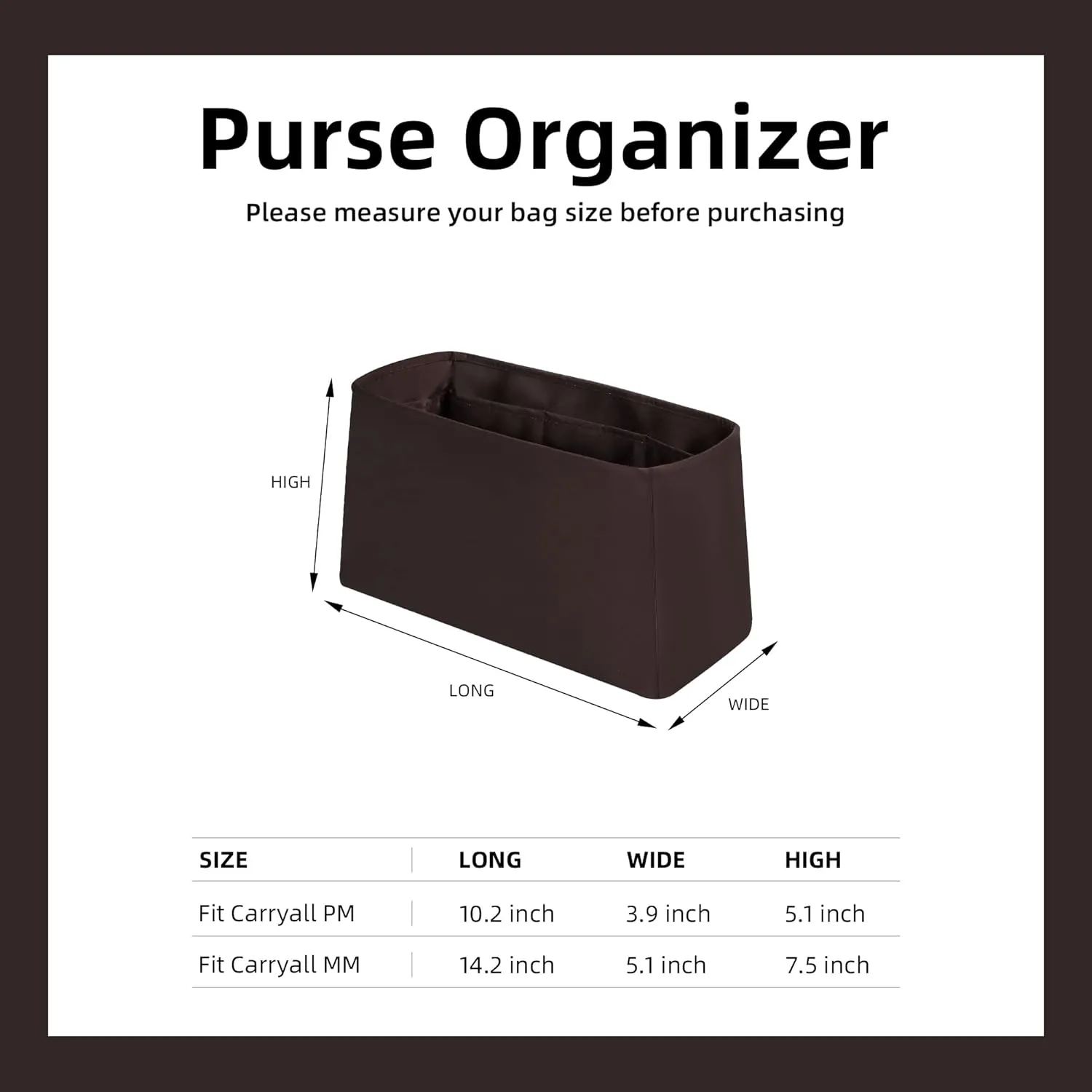 DGAZ Silk Purse Organizer Insert For LV Carryall PM/MM bag，Silky Smooth Bag Organizer，Luxury Handbag & Tote Shaper（Coffee brown，MM）