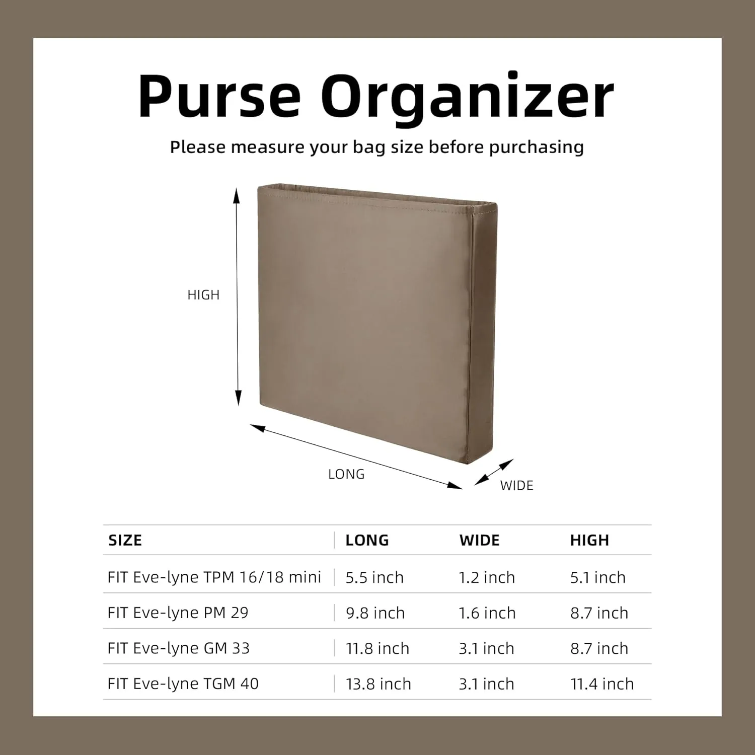 DGAZ Silky Purse Organizer Insert Fits Evelyne TPM/PM/GM/TGM Bags, Luxury Handbag & Tote Organizer, Simplicity bag organizer（Etoupe grey,TPM）