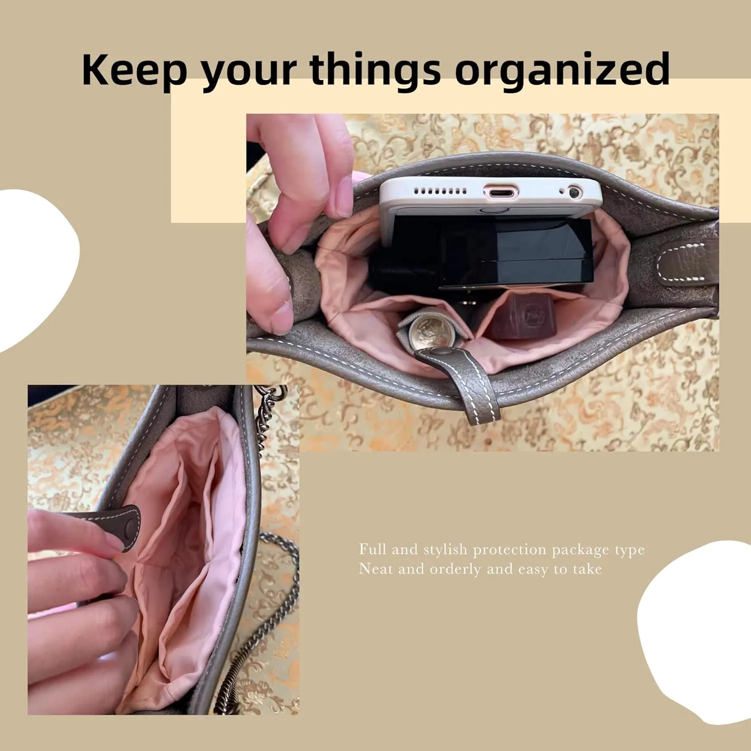 DGAZ Silky Purse Organizer Insert Fits Evelyne TPM/PM/GM/TGM Bags, Luxury Handbag & Tote Organizer, Simplicity bag organizer（Pink,PM）