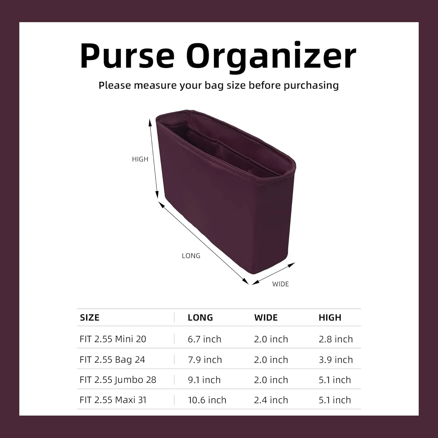 DGAZ Silky Purse Organizer Insert for Chanel 2.55 Bags, Luxury Handbag & Tote Organizer, Classic, Luxury Style, Fuchsia