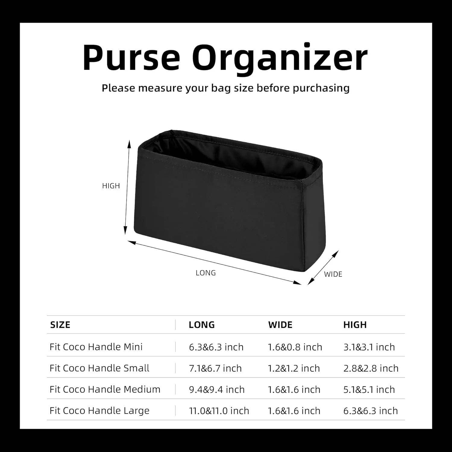 DGAZ Silky Purse Organizer Insert for Chanel Coco Handle Mini/S/M/L Bags, Luxury Handbag & Tote Organizer, Simplicity bag organizer (Black,L)