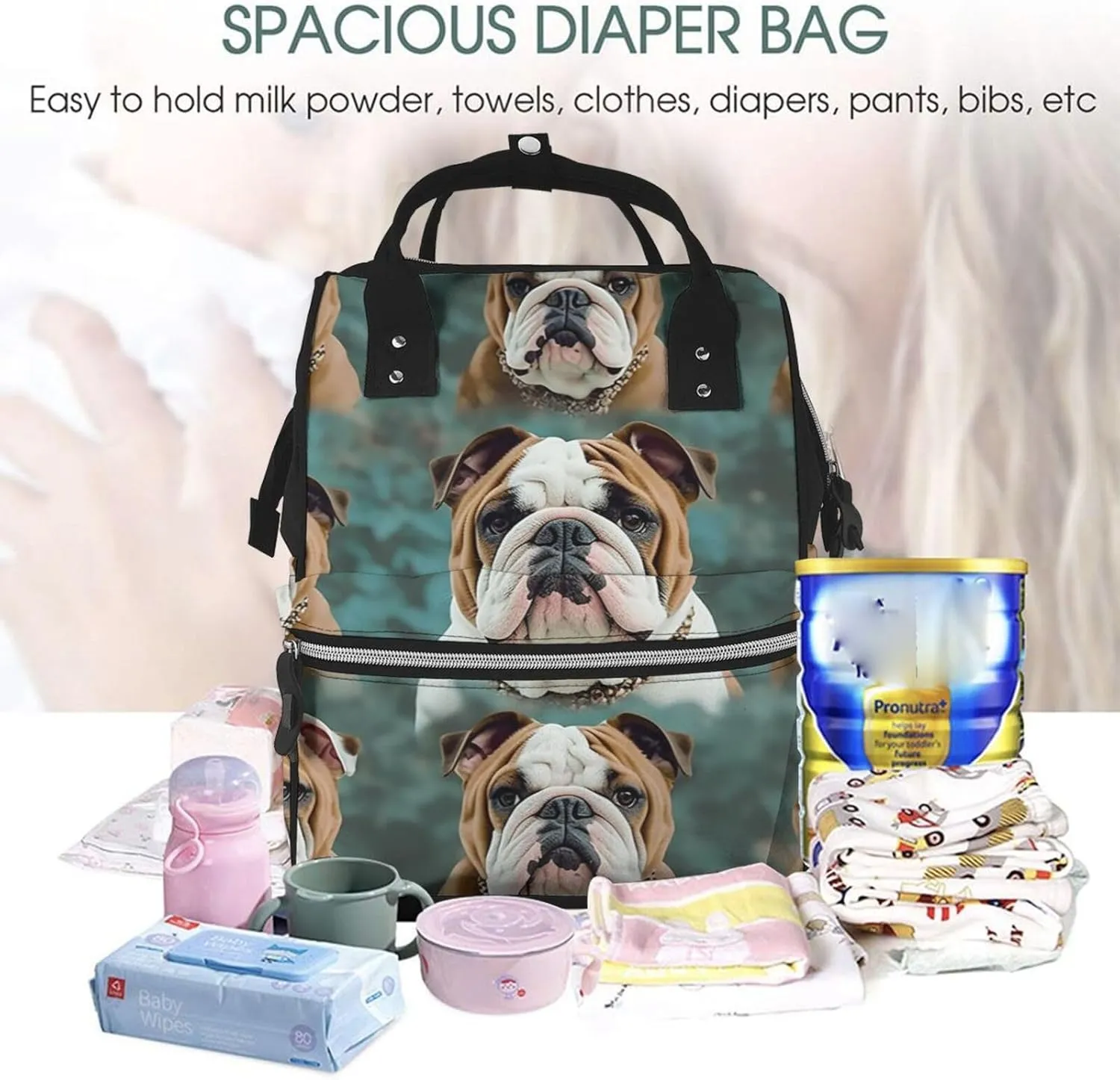 Diaper Bag Nappy Backpack Baby Bag Koala and Butterfly Mummy Backpack Multifunction Changing Bags for Travel, Funny English Bulldog, One Size
