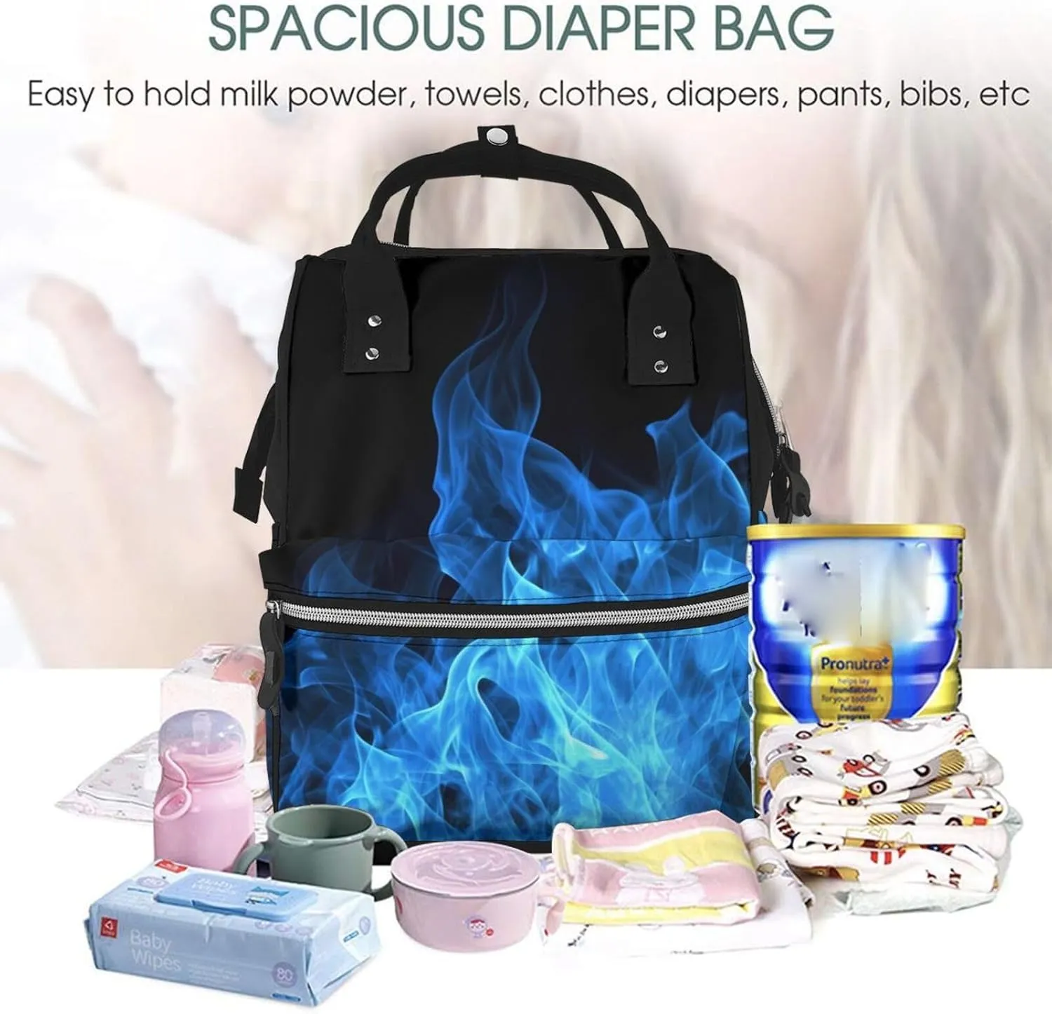 Diaper Bag Nappy Backpack Baby Bag Ocean Shark Mummy Backpack Multifunction Changing Bags for Travel, Blue Flame, One Size
