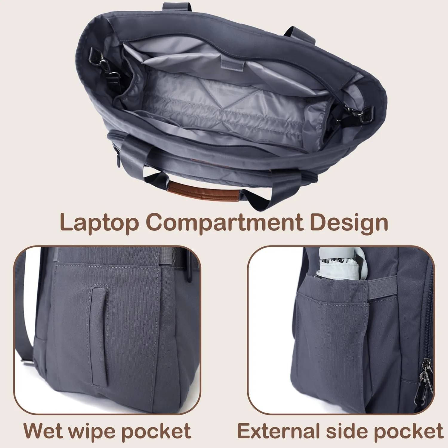 Diaper Bag Tote, Large Tote Diaper Bag with 16 Inch Laptop Compartment for Mom, Dry and Wet Compartment Messenger (Dark Gray)