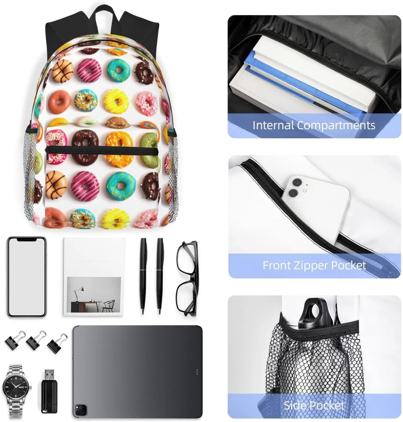 Different Flavors of Doughnuts print backpack Travel Laptop Backpack Cute Purse Casual Backpack work, traveling,, Black