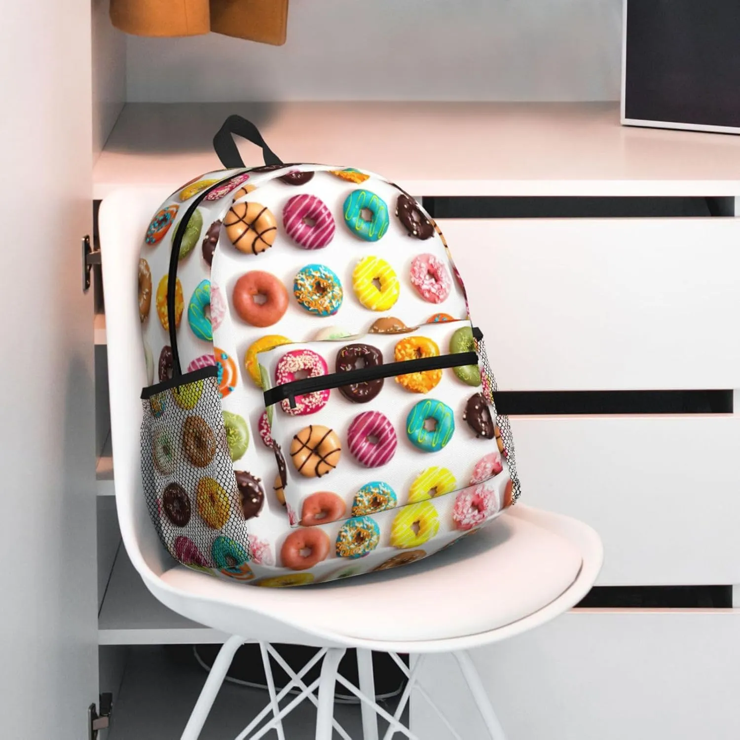 Different Flavors of Doughnuts print backpack Travel Laptop Backpack Cute Purse Casual Backpack work, traveling,, Black
