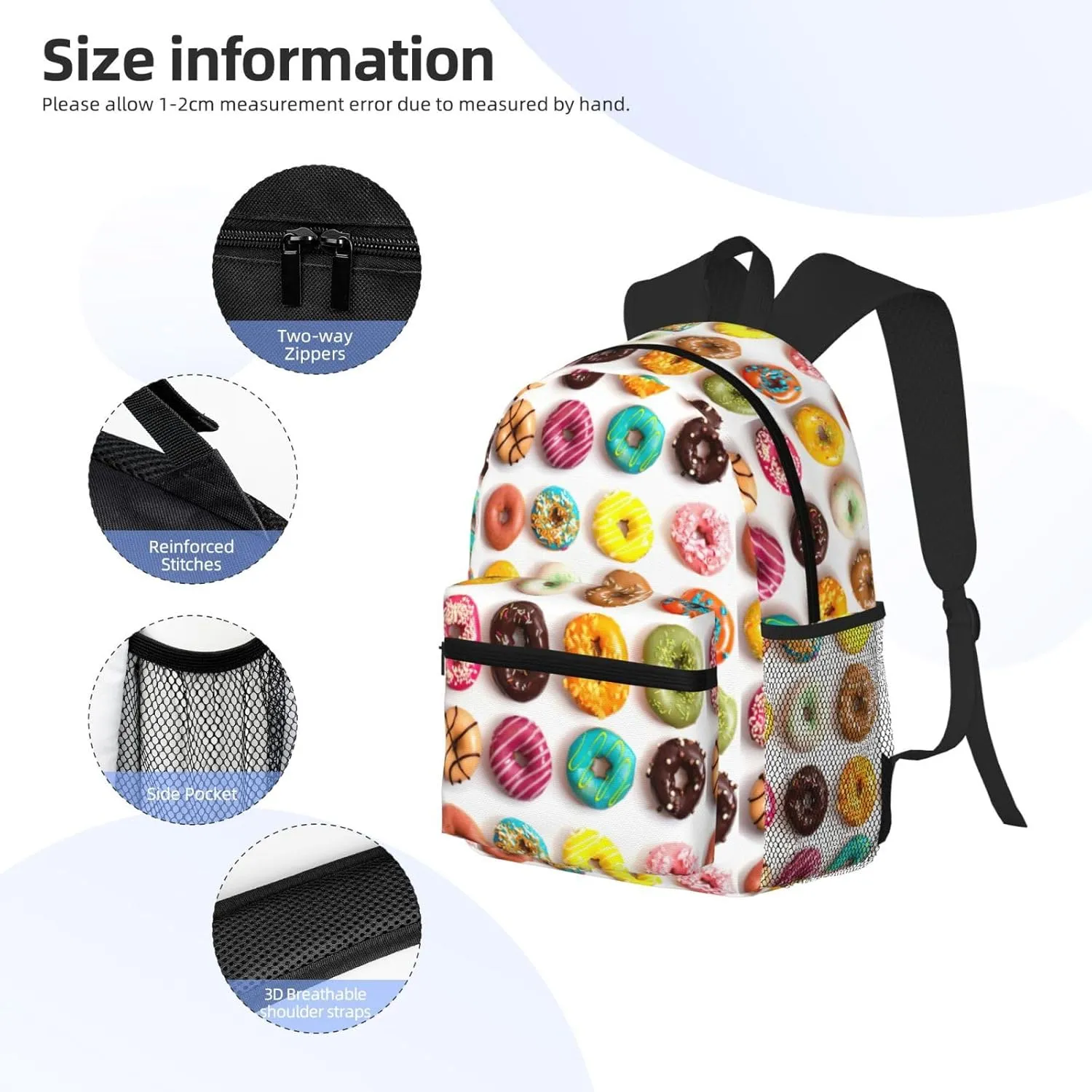 Different Flavors of Doughnuts print backpack Travel Laptop Backpack Cute Purse Casual Backpack work, traveling,, Black