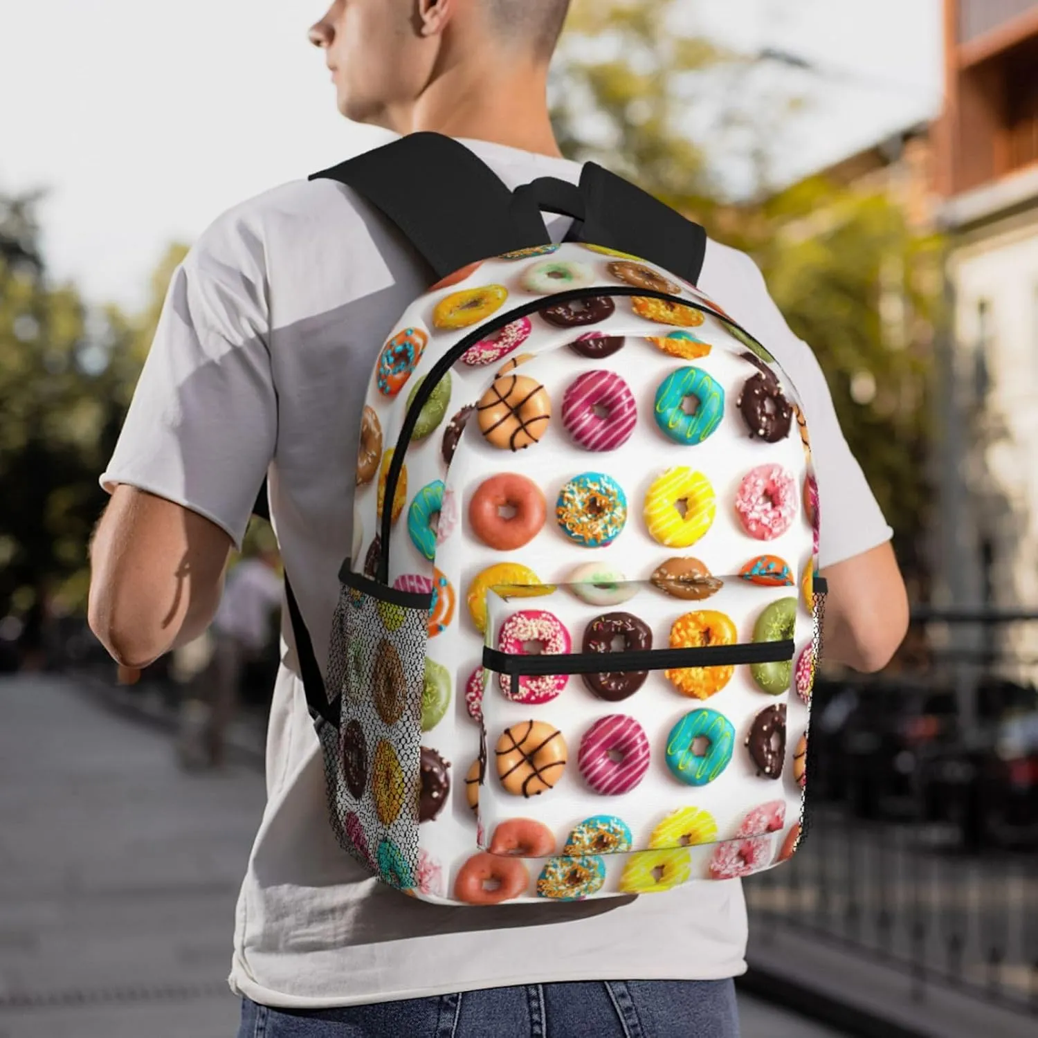 Different Flavors of Doughnuts print backpack Travel Laptop Backpack Cute Purse Casual Backpack work, traveling,, Black