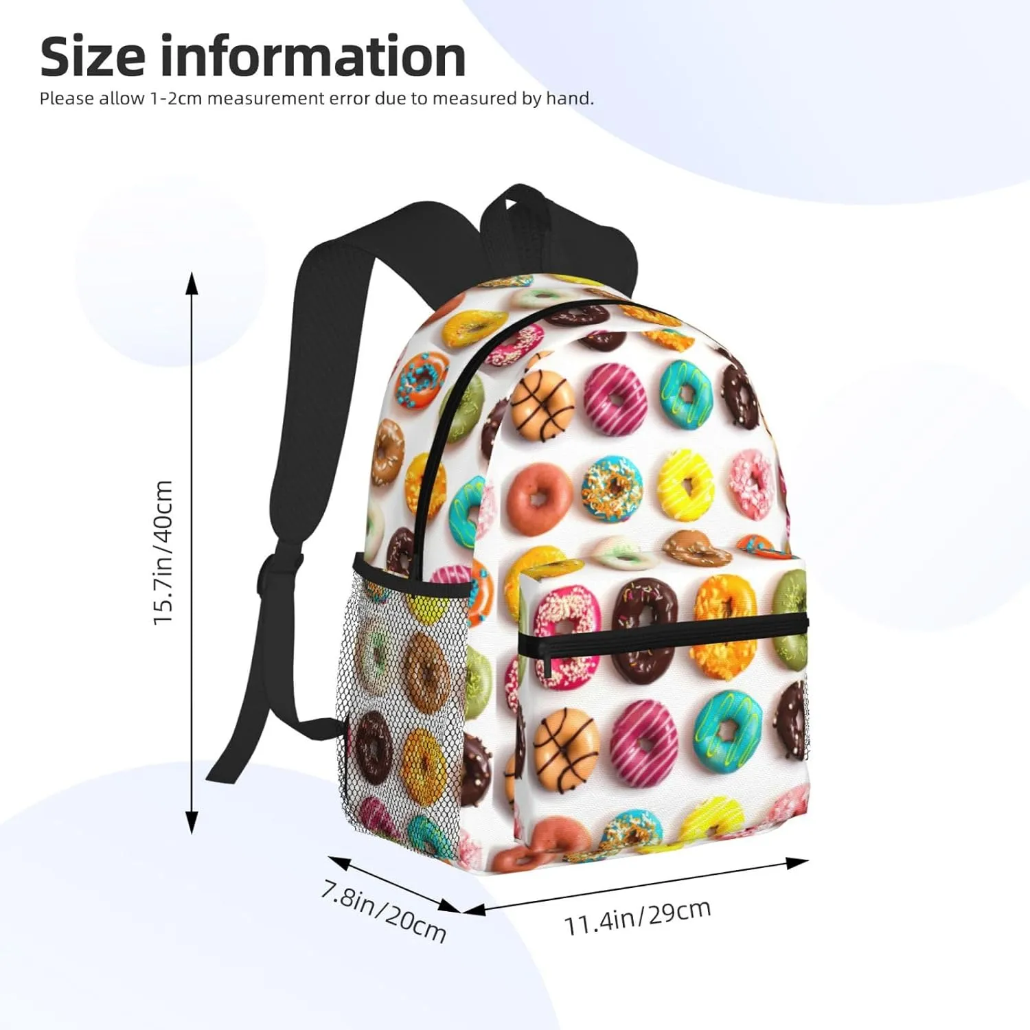 Different Flavors of Doughnuts print backpack Travel Laptop Backpack Cute Purse Casual Backpack work, traveling,, Black