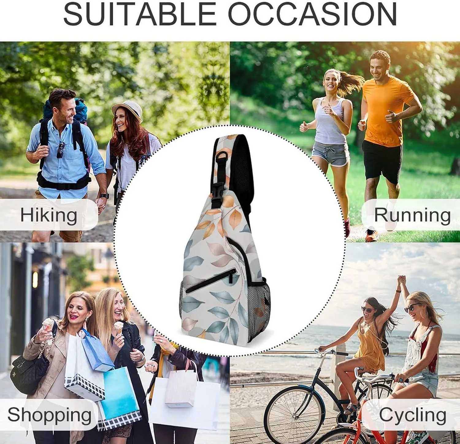 Different Leaf Patterns Crossbody Bag, Sling Bag, Sling Backpack, Belt Bags for Travel Outdoors Hiking