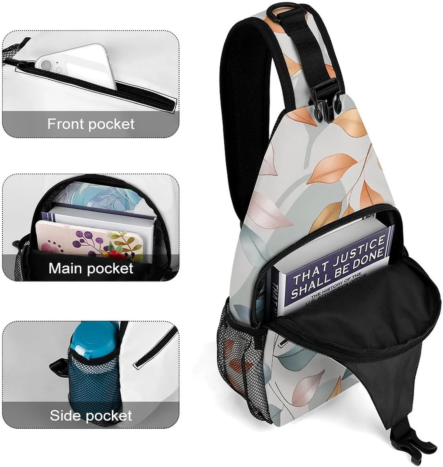 Different Leaf Patterns Crossbody Bag, Sling Bag, Sling Backpack, Belt Bags for Travel Outdoors Hiking