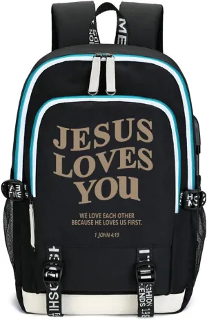 DIOMMELL Jesus Loves You Canvas Laptop Travel Backpack, Blue, 17.3 x 5.5 x 11.4 inches