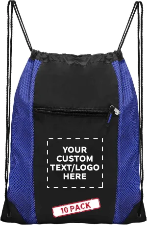 DISCOUNT PROMOS 10 Zipper Pocket Drawstring Backpacks Set - Customizable Text, Logo - Polyester, Front Mesh, Black Strap - Blue