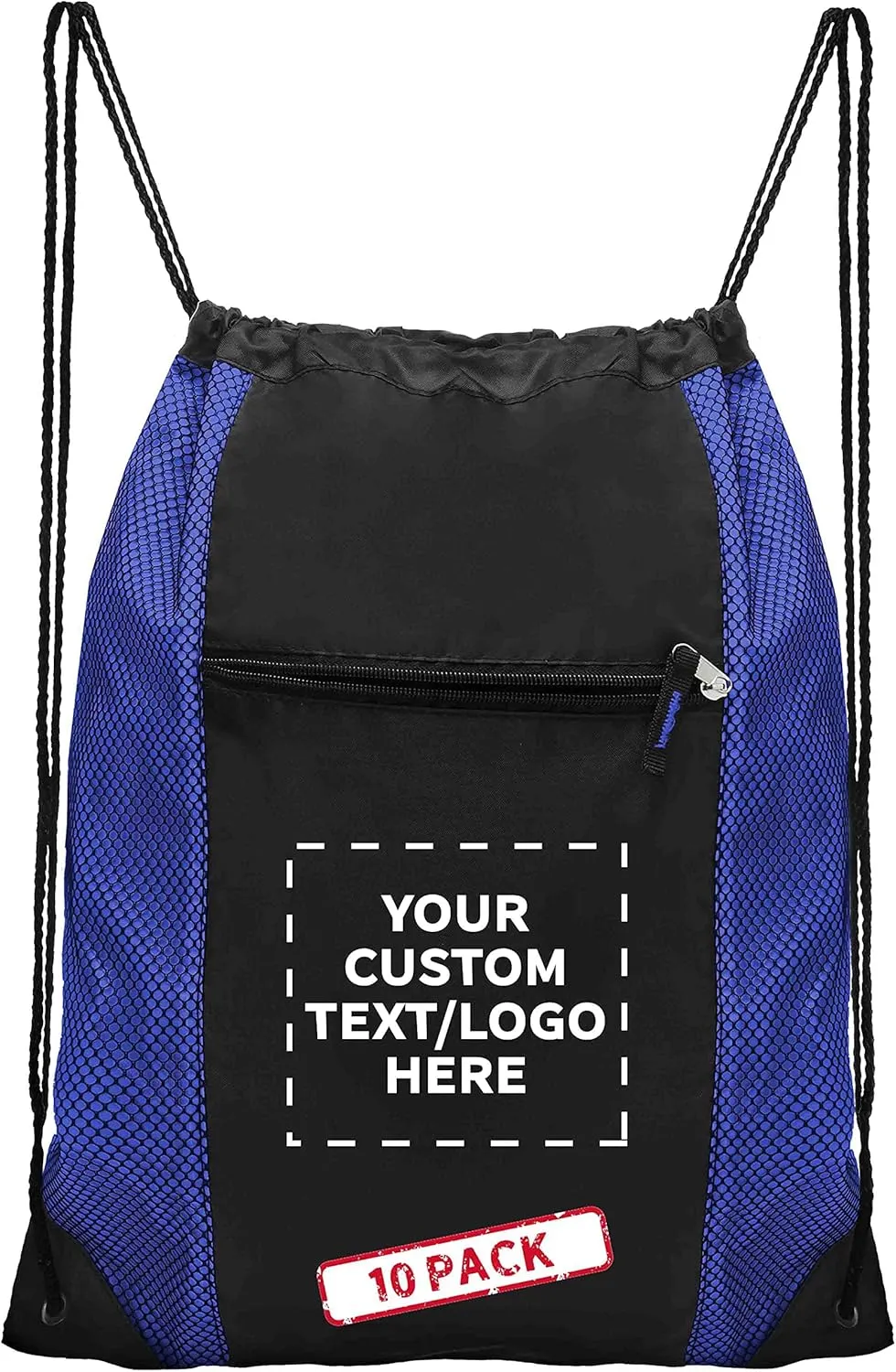 DISCOUNT PROMOS 10 Zipper Pocket Drawstring Backpacks Set - Customizable Text, Logo - Polyester, Front Mesh, Black Strap - Blue