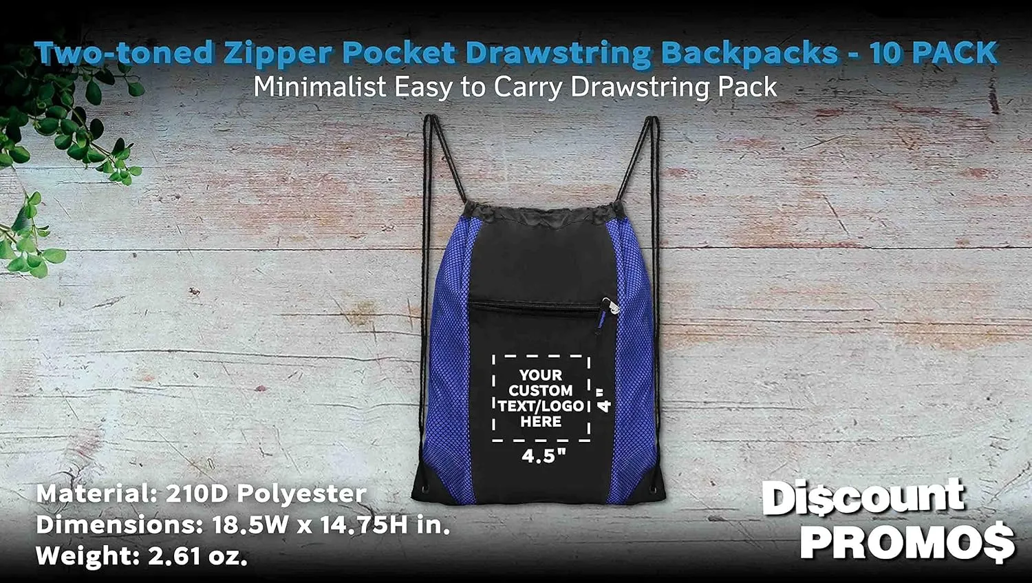 DISCOUNT PROMOS 10 Zipper Pocket Drawstring Backpacks Set - Customizable Text, Logo - Polyester, Front Mesh, Black Strap - Blue