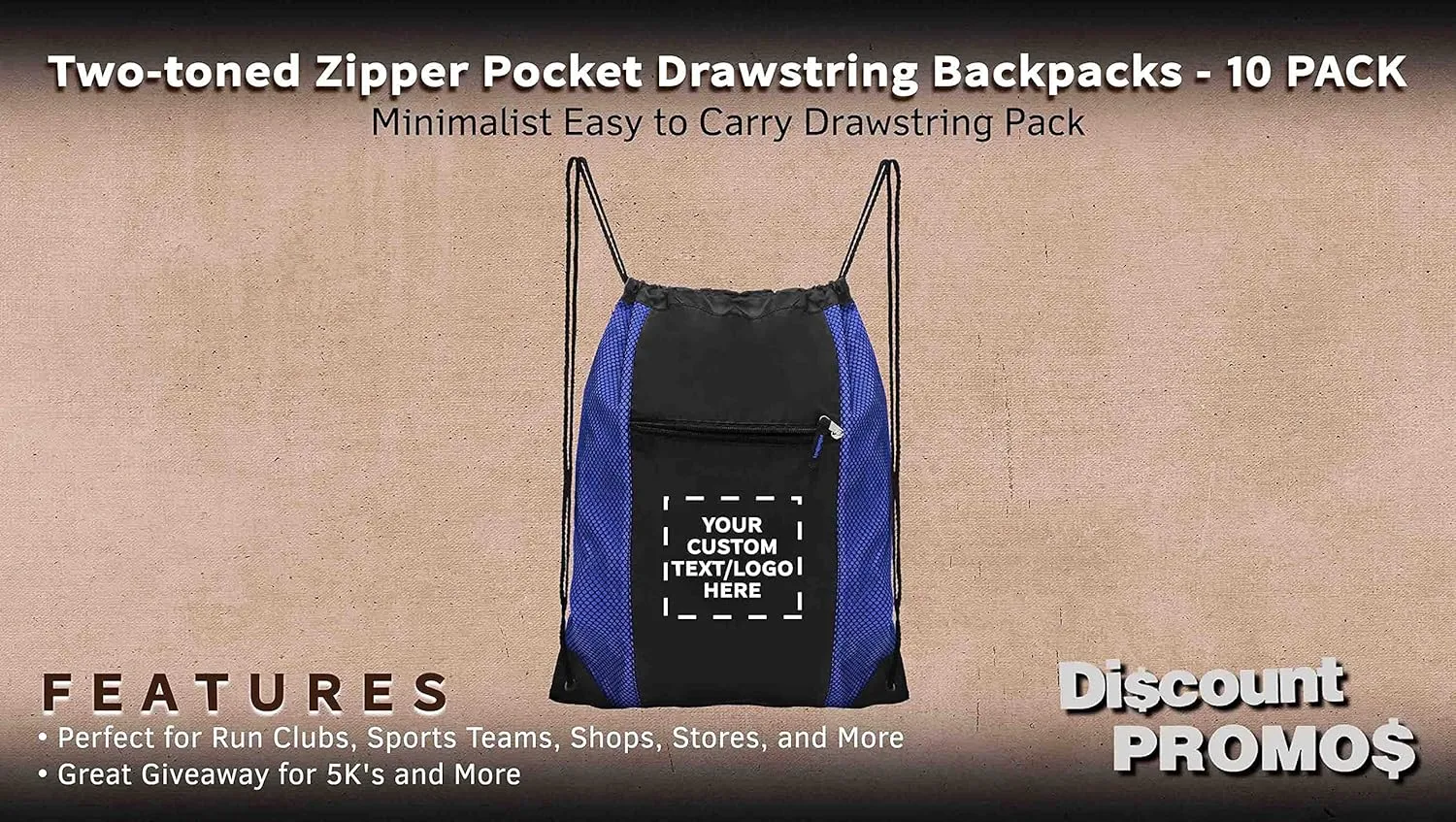 DISCOUNT PROMOS 10 Zipper Pocket Drawstring Backpacks Set - Customizable Text, Logo - Polyester, Front Mesh, Black Strap - Blue