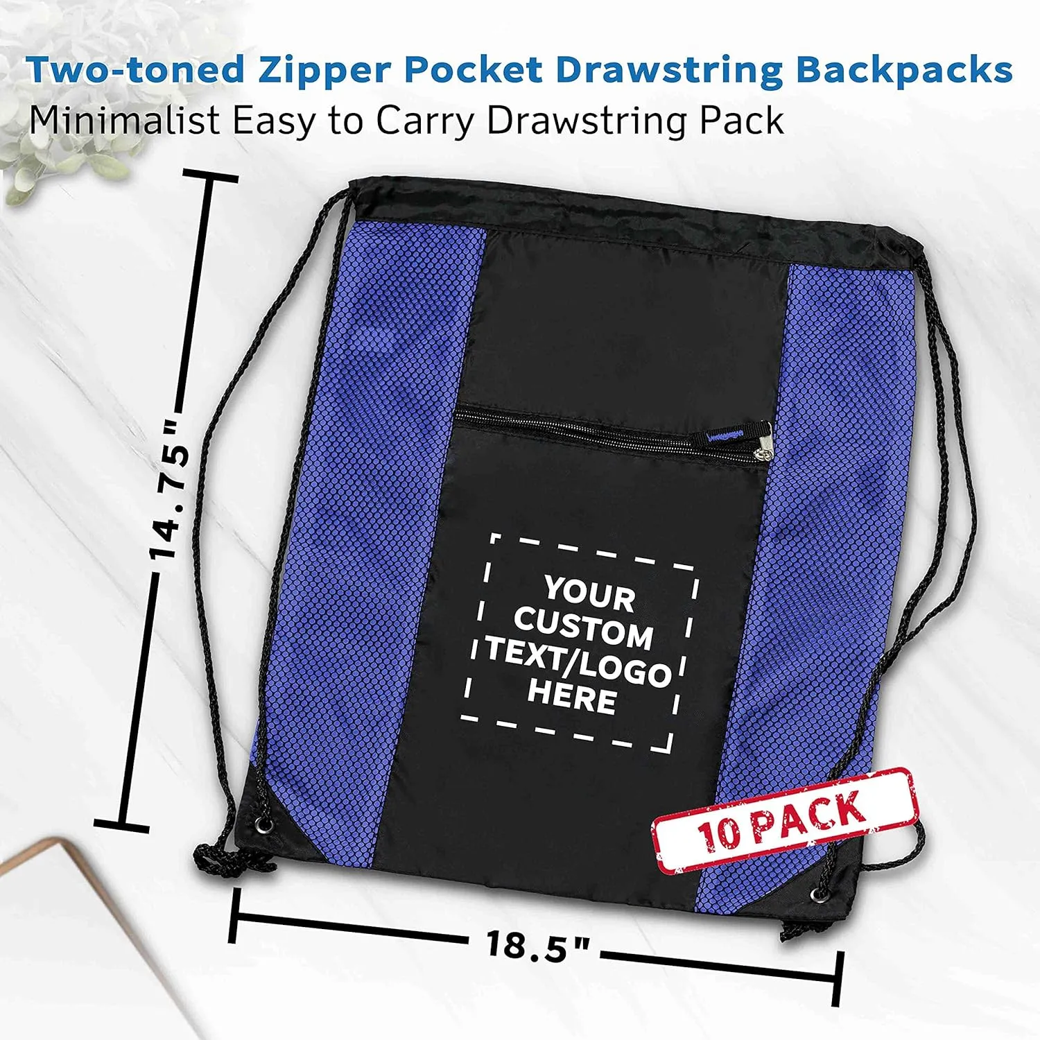 DISCOUNT PROMOS 10 Zipper Pocket Drawstring Backpacks Set - Customizable Text, Logo - Polyester, Front Mesh, Black Strap - Blue