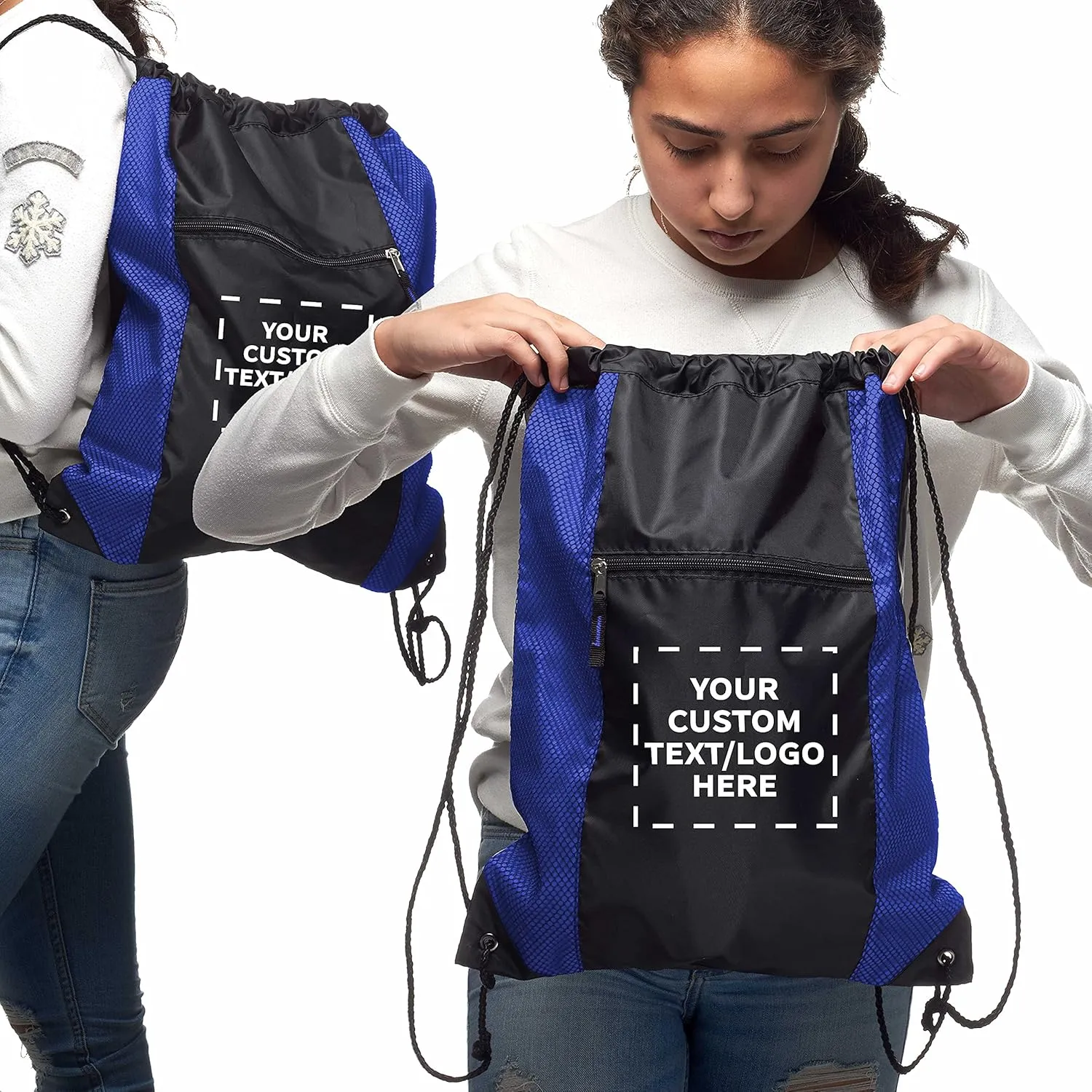 DISCOUNT PROMOS 10 Zipper Pocket Drawstring Backpacks Set - Customizable Text, Logo - Polyester, Front Mesh, Black Strap - Blue