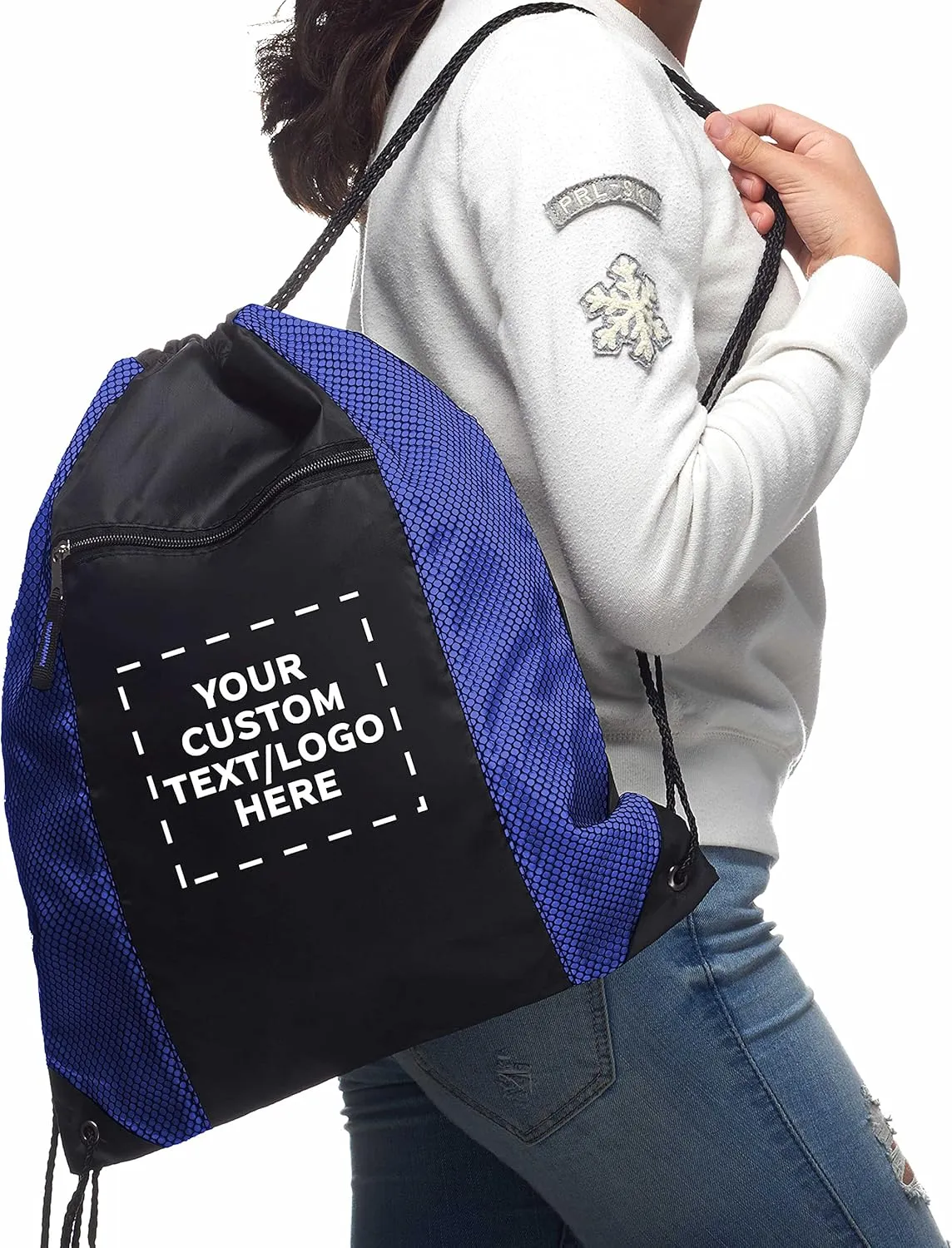 DISCOUNT PROMOS 10 Zipper Pocket Drawstring Backpacks Set - Customizable Text, Logo - Polyester, Front Mesh, Black Strap - Blue