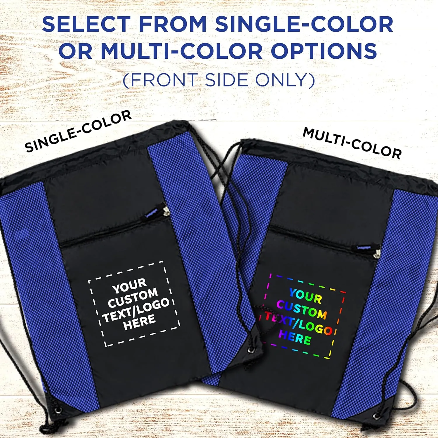 DISCOUNT PROMOS 10 Zipper Pocket Drawstring Backpacks Set - Customizable Text, Logo - Polyester, Front Mesh, Black Strap - Blue