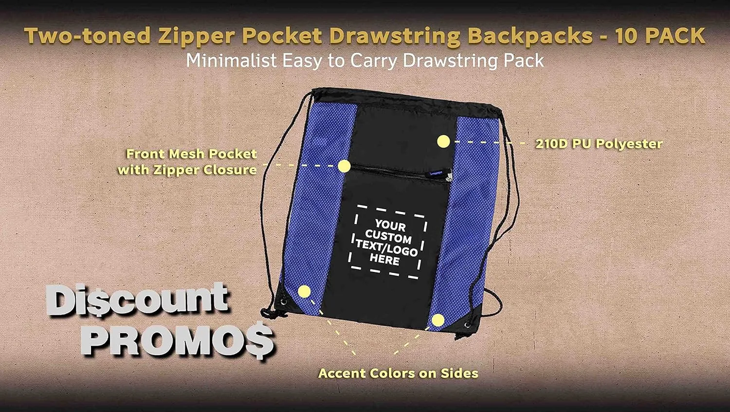 DISCOUNT PROMOS 10 Zipper Pocket Drawstring Backpacks Set - Customizable Text, Logo - Polyester, Front Mesh, Black Strap - Blue