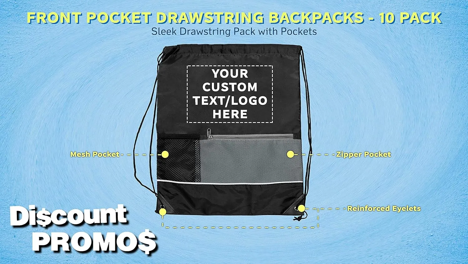 DISCOUNT PROMOS Custom Front Pocket Drawstring Backpacks Set of 10, Personalized Bulk Pack - Reusable Bags, Lightweight Backpacks, Sports Drawstring Bags, Promotional Drawstring Bags - Black