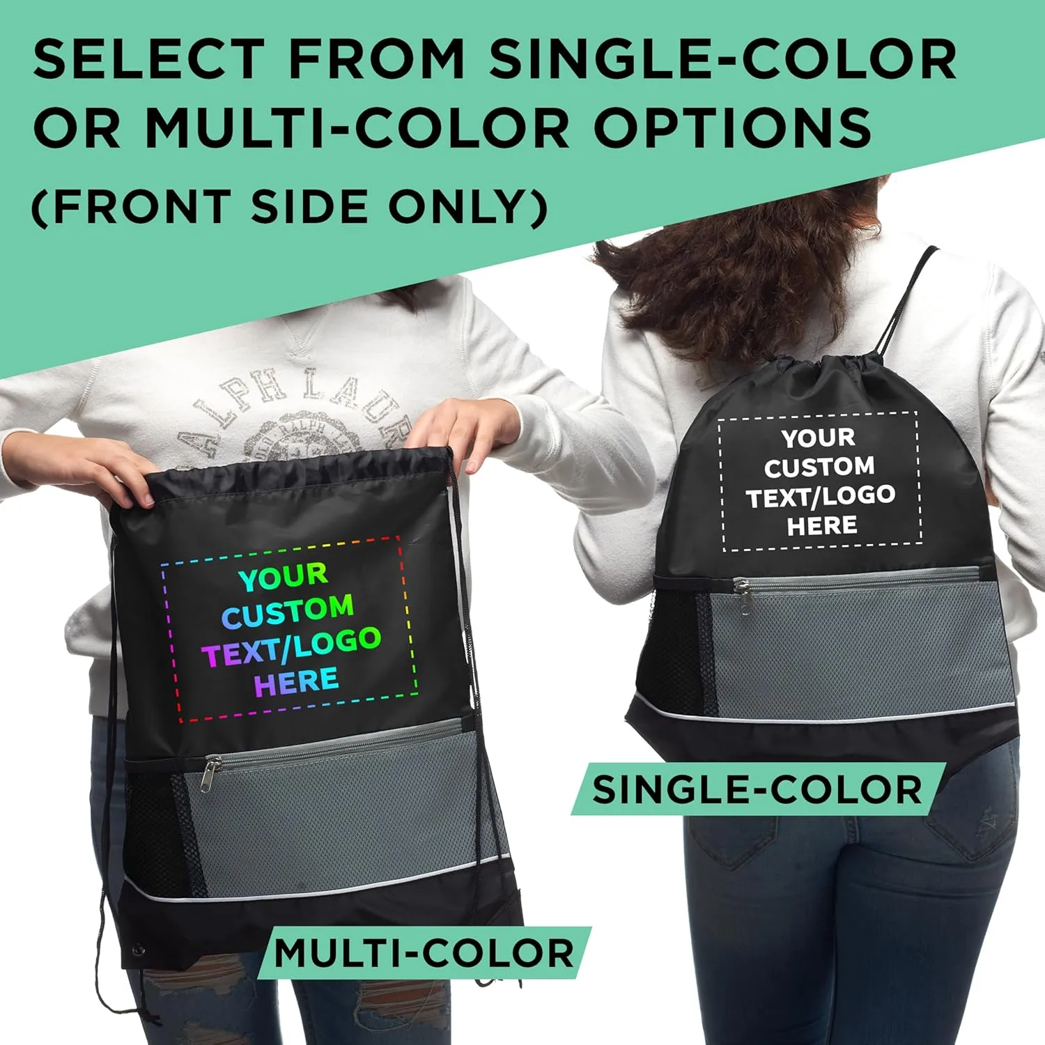 DISCOUNT PROMOS Custom Front Pocket Drawstring Backpacks Set of 10, Personalized Bulk Pack - Reusable Bags, Lightweight Backpacks, Sports Drawstring Bags, Promotional Drawstring Bags - Black