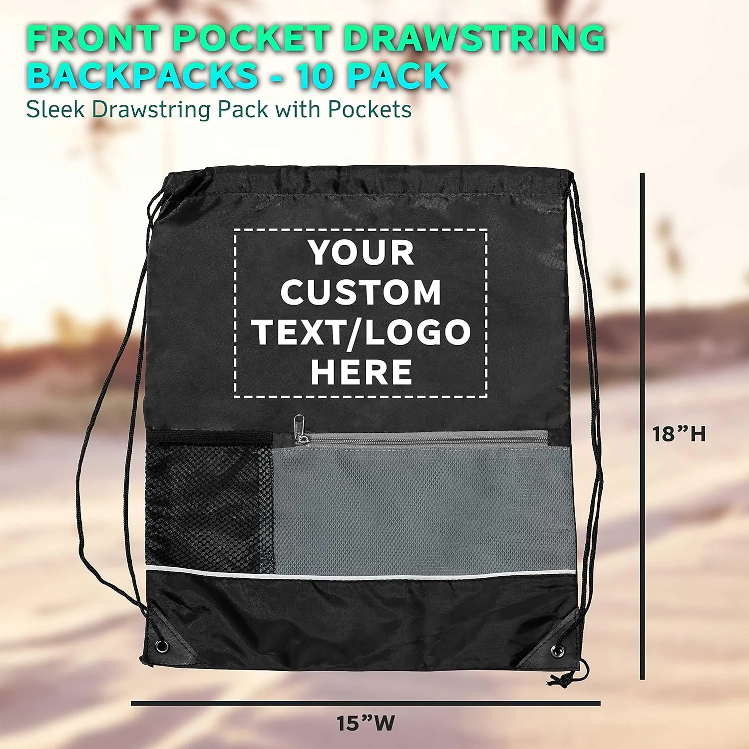 DISCOUNT PROMOS Custom Front Pocket Drawstring Backpacks Set of 10, Personalized Bulk Pack - Reusable Bags, Lightweight Backpacks, Sports Drawstring Bags, Promotional Drawstring Bags - Black