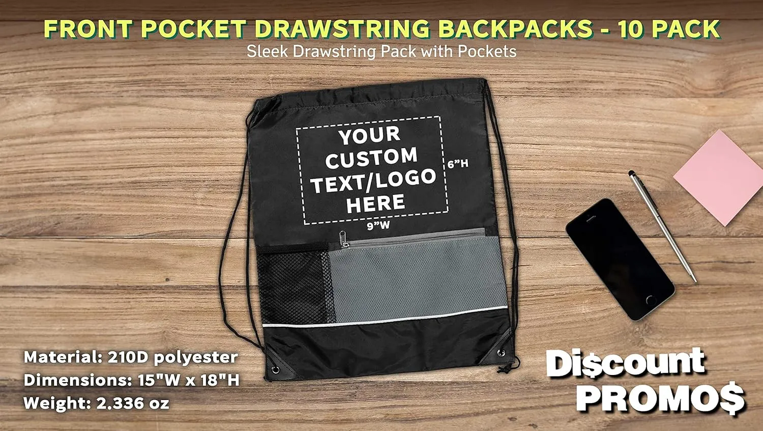 DISCOUNT PROMOS Custom Front Pocket Drawstring Backpacks Set of 10, Personalized Bulk Pack - Reusable Bags, Lightweight Backpacks, Sports Drawstring Bags, Promotional Drawstring Bags - Black