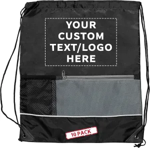 DISCOUNT PROMOS Custom Front Pocket Drawstring Backpacks Set of 10, Personalized Bulk Pack - Reusable Bags, Lightweight Backpacks, Sports Drawstring Bags, Promotional Drawstring Bags - Black