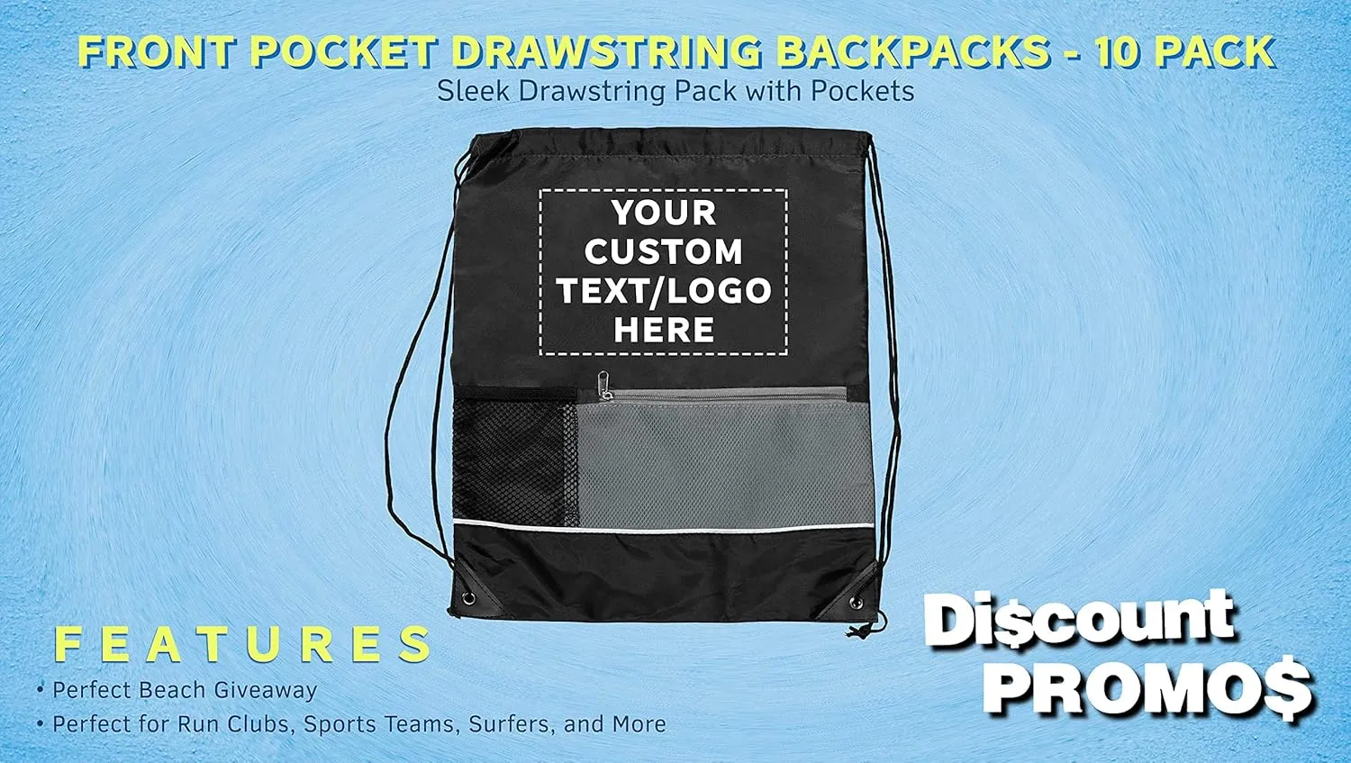 DISCOUNT PROMOS Custom Front Pocket Drawstring Backpacks Set of 10, Personalized Bulk Pack - Reusable Bags, Lightweight Backpacks, Sports Drawstring Bags, Promotional Drawstring Bags - Black
