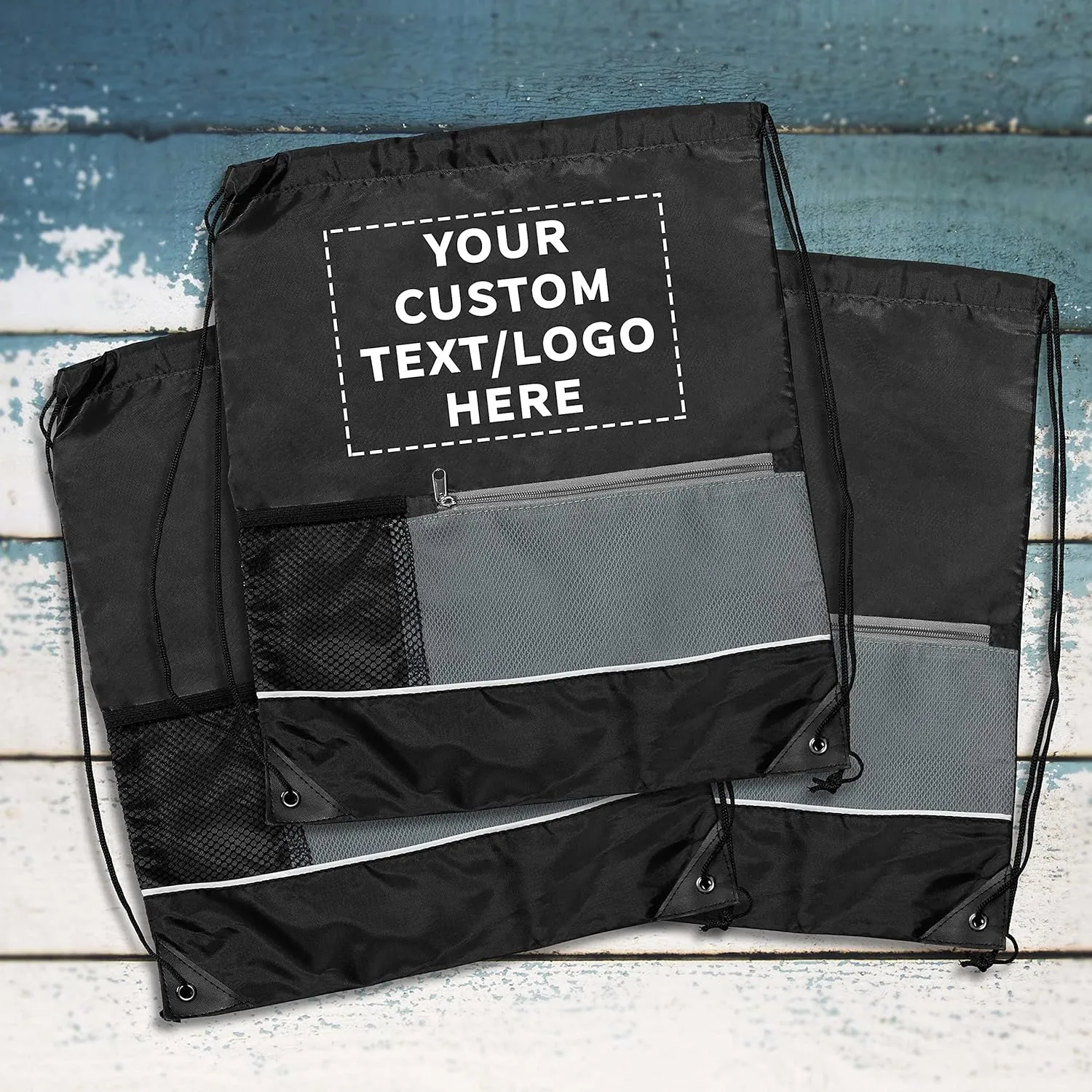 DISCOUNT PROMOS Custom Front Pocket Drawstring Backpacks Set of 10, Personalized Bulk Pack - Reusable Bags, Lightweight Backpacks, Sports Drawstring Bags, Promotional Drawstring Bags - Black