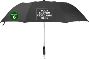 DISCOUNT PROMOS Custom Mori Telescopic Folding Umbrellas Set of 6, Personalized Bulk Pack - Perfect for Travel, Promotional Events or Giveaways - Black