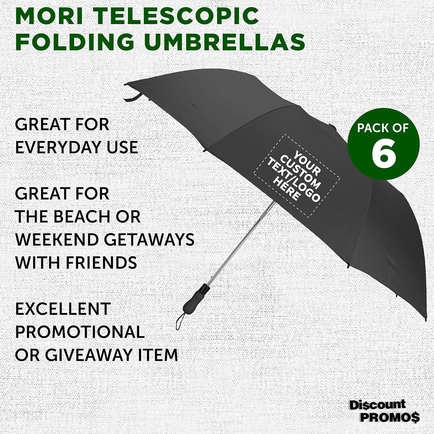 DISCOUNT PROMOS Custom Mori Telescopic Folding Umbrellas Set of 6, Personalized Bulk Pack - Perfect for Travel, Promotional Events or Giveaways - Black