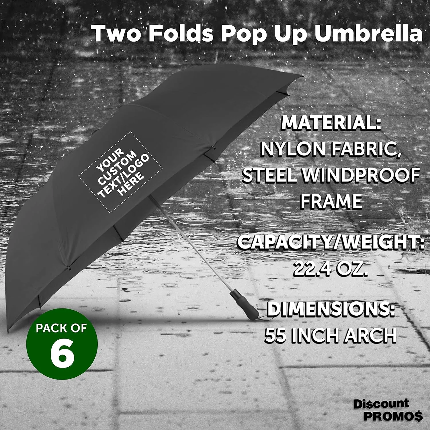 DISCOUNT PROMOS Custom Mori Telescopic Folding Umbrellas Set of 6, Personalized Bulk Pack - Perfect for Travel, Promotional Events or Giveaways - Black
