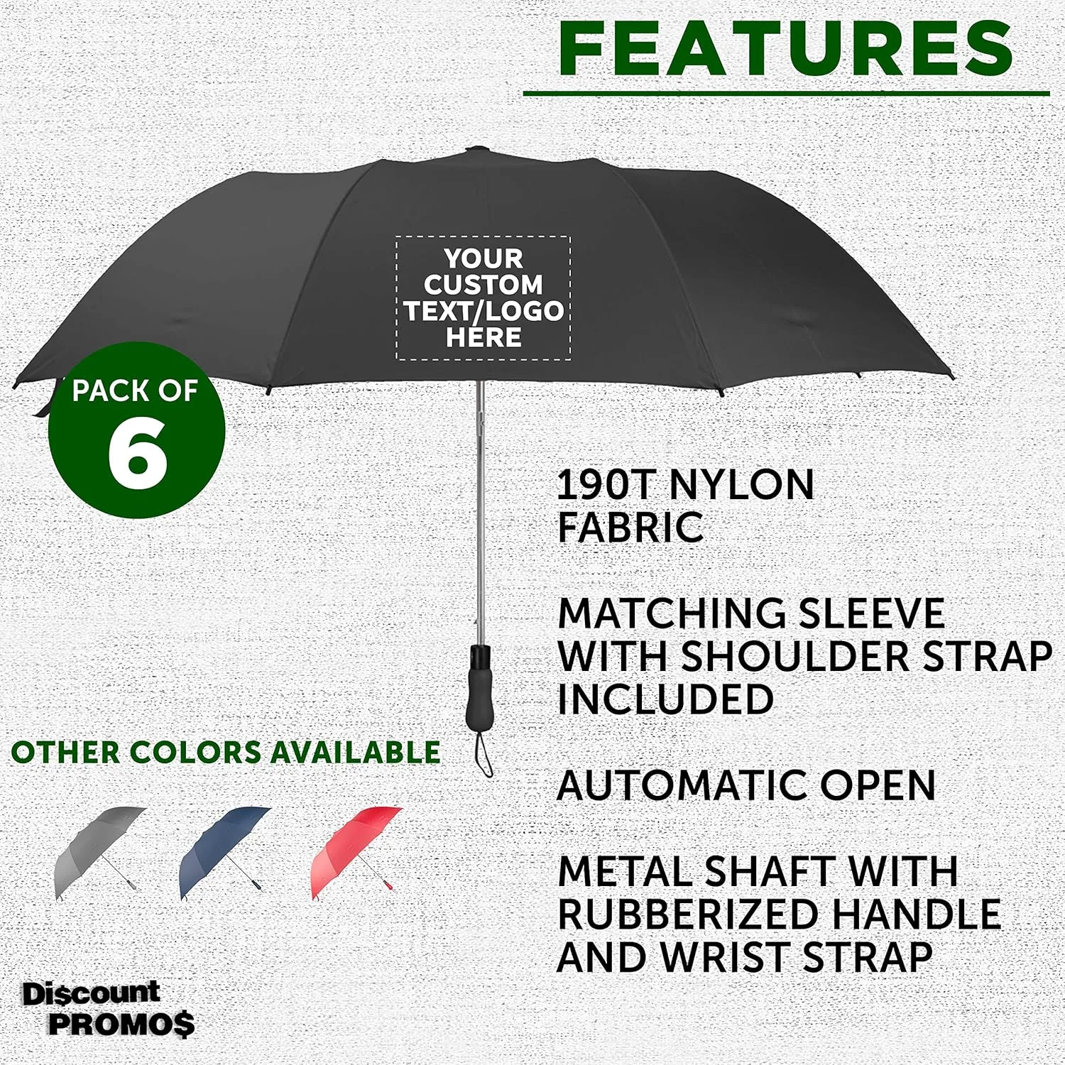 DISCOUNT PROMOS Custom Mori Telescopic Folding Umbrellas Set of 6, Personalized Bulk Pack - Perfect for Travel, Promotional Events or Giveaways - Black
