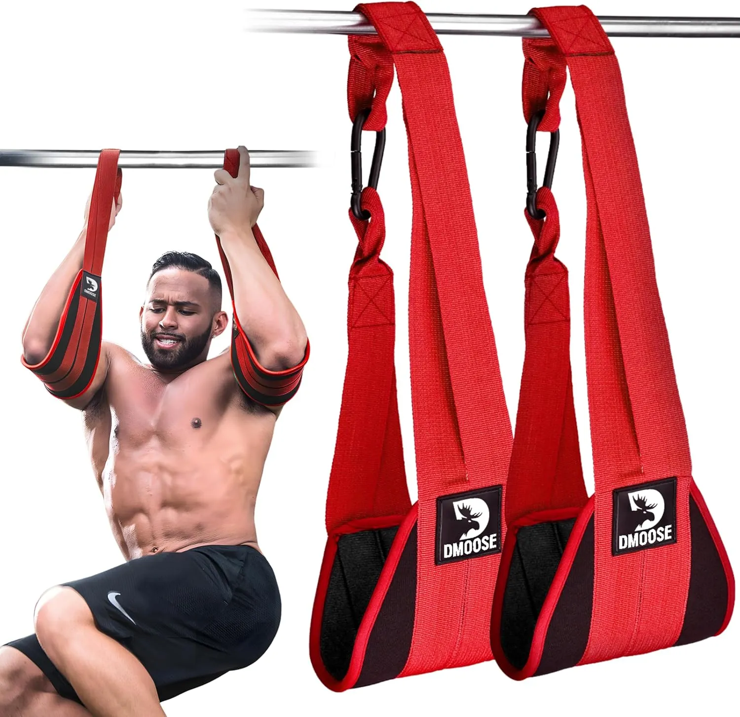 DMoose Fitness Hanging Ab Straps for Pull Up Bar & Core Strength Training - Thick Padded Arm Strap for Ab Swing with 2 Rust-Resistant Carabiners - Pull Up Straps for Abs Workout at Home and Gym (Pair)