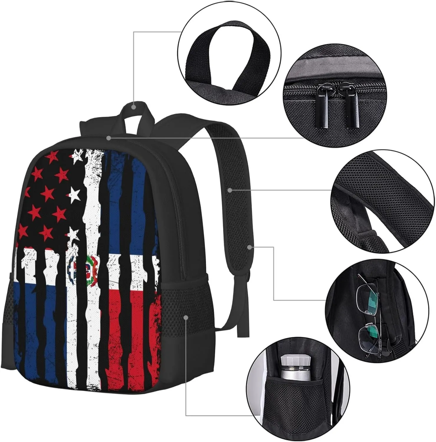 Dominican Roots American Pride Flag Casual Backpack Large Capacity Backpacks 15 Inch Laptop Back Pack Travel Rucksack Daypack Commuter Bags with Adjustable Strap for Camping