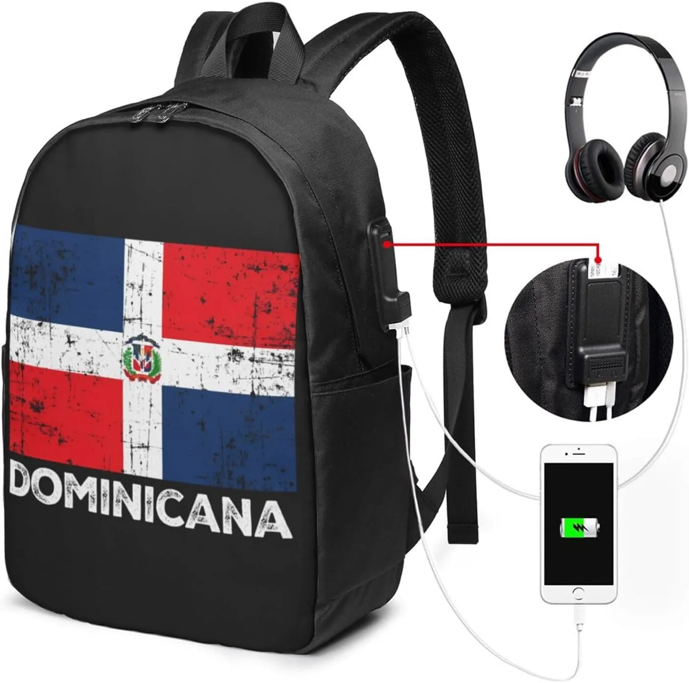 Dominicana Dominican Republic Flag Travel Backpack 17-Inch Laptop Backpacks Business Rucksack Casual Sport Daypack with USB Charging Port Carry-on Bag for Camping Biking