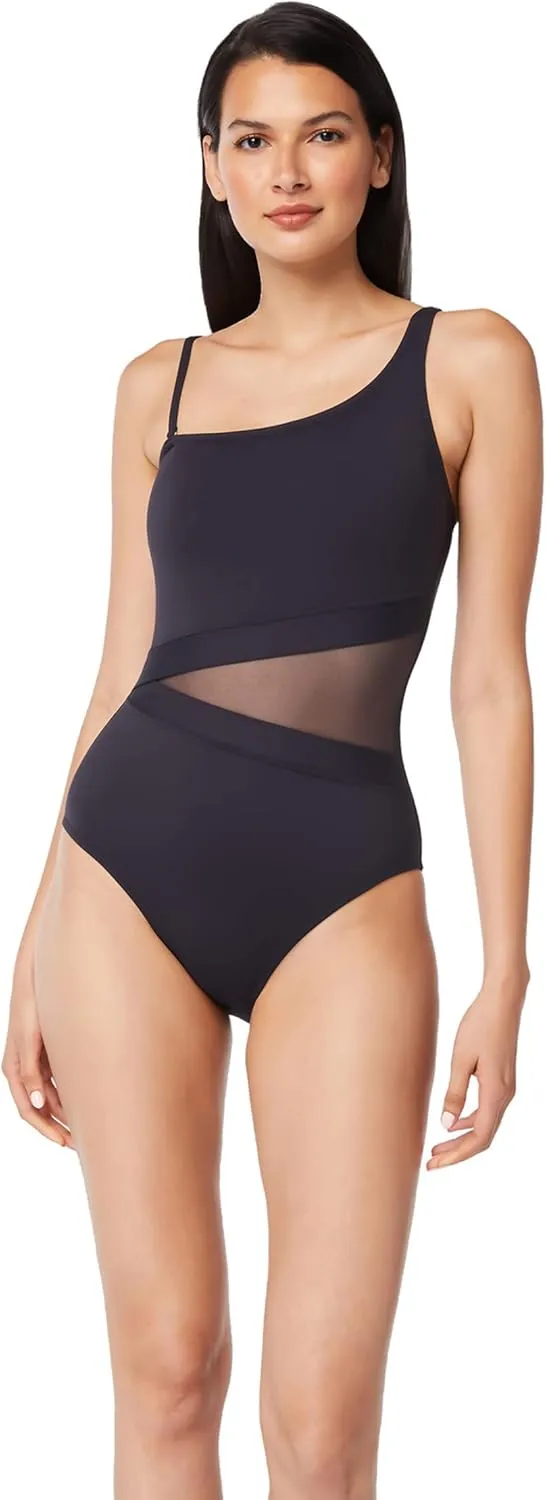 Don't Mesh With Me One Piece Mesh One Shoulder Swimsuit 12 / Navy
