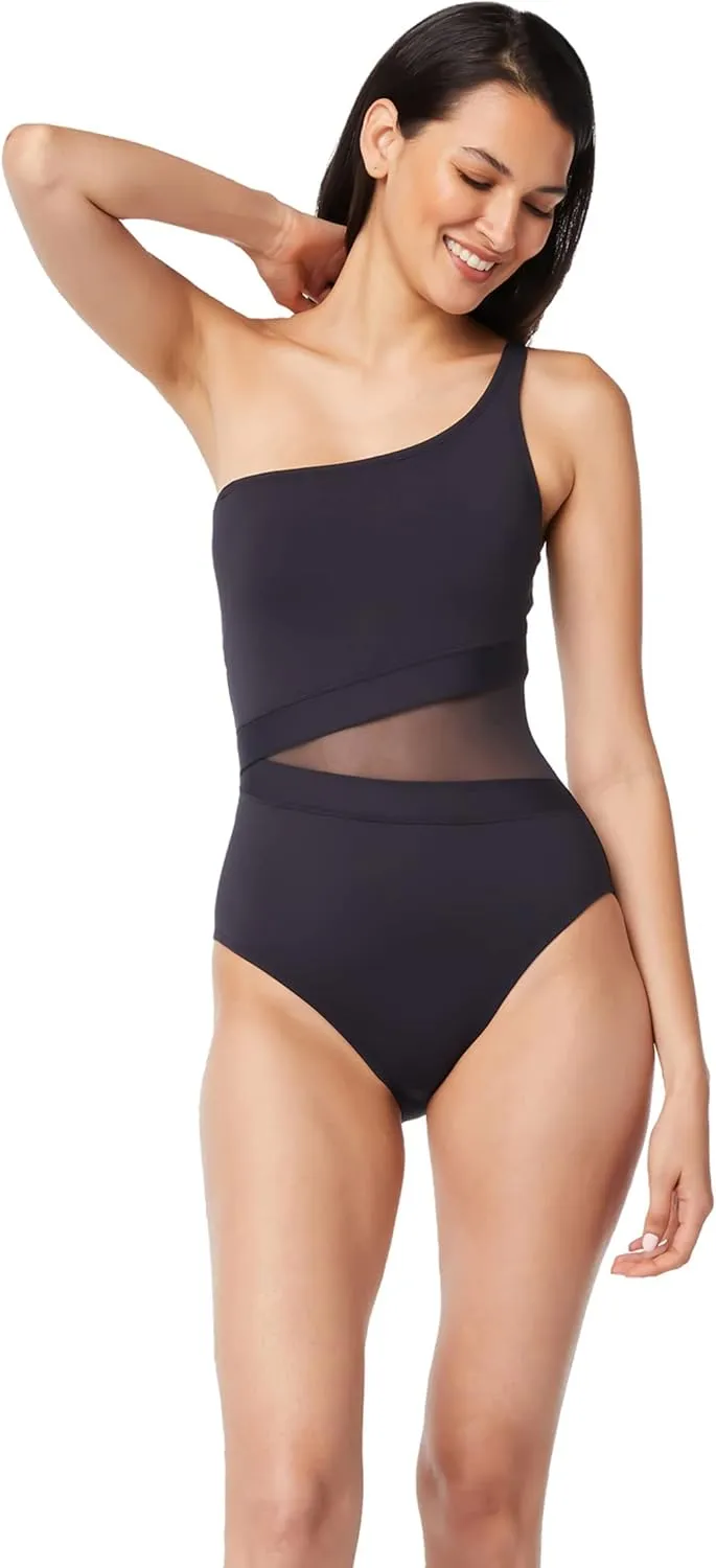 Don't Mesh With Me One Piece Mesh One Shoulder Swimsuit 12 / Navy