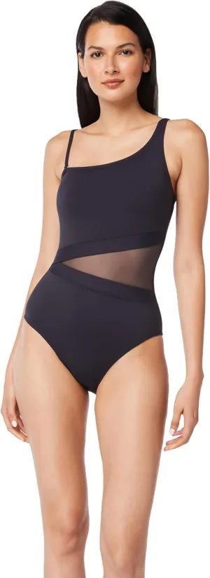 Don't Mesh With Me One Piece Mesh One Shoulder Swimsuit 12 / Navy