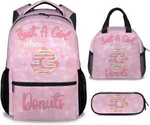 Donut Backpack with Lunch Box Set for Girls - 3 in 1 Primary Middle School Backpacks Matching Combo - Large Capacity, Durable, Lightweight, Pink Bookbag and Pencil Case Bundle