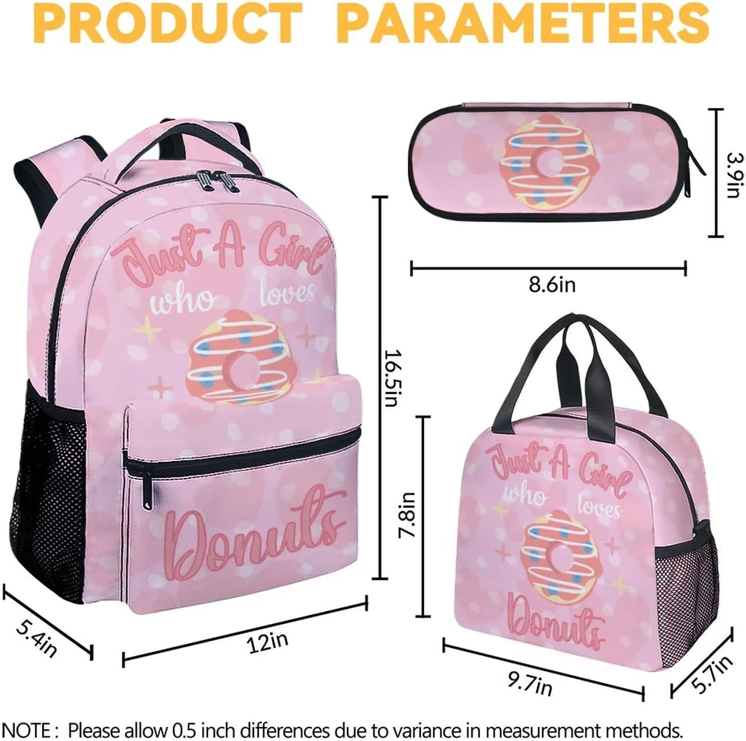 Donut Backpack with Lunch Box Set for Girls - 3 in 1 Primary Middle School Backpacks Matching Combo - Large Capacity, Durable, Lightweight, Pink Bookbag and Pencil Case Bundle