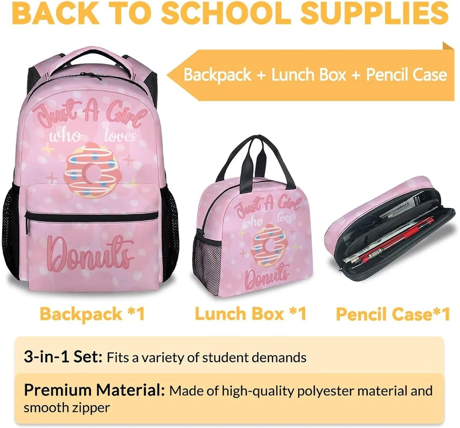 Donut Backpack with Lunch Box Set for Girls - 3 in 1 Primary Middle School Backpacks Matching Combo - Large Capacity, Durable, Lightweight, Pink Bookbag and Pencil Case Bundle