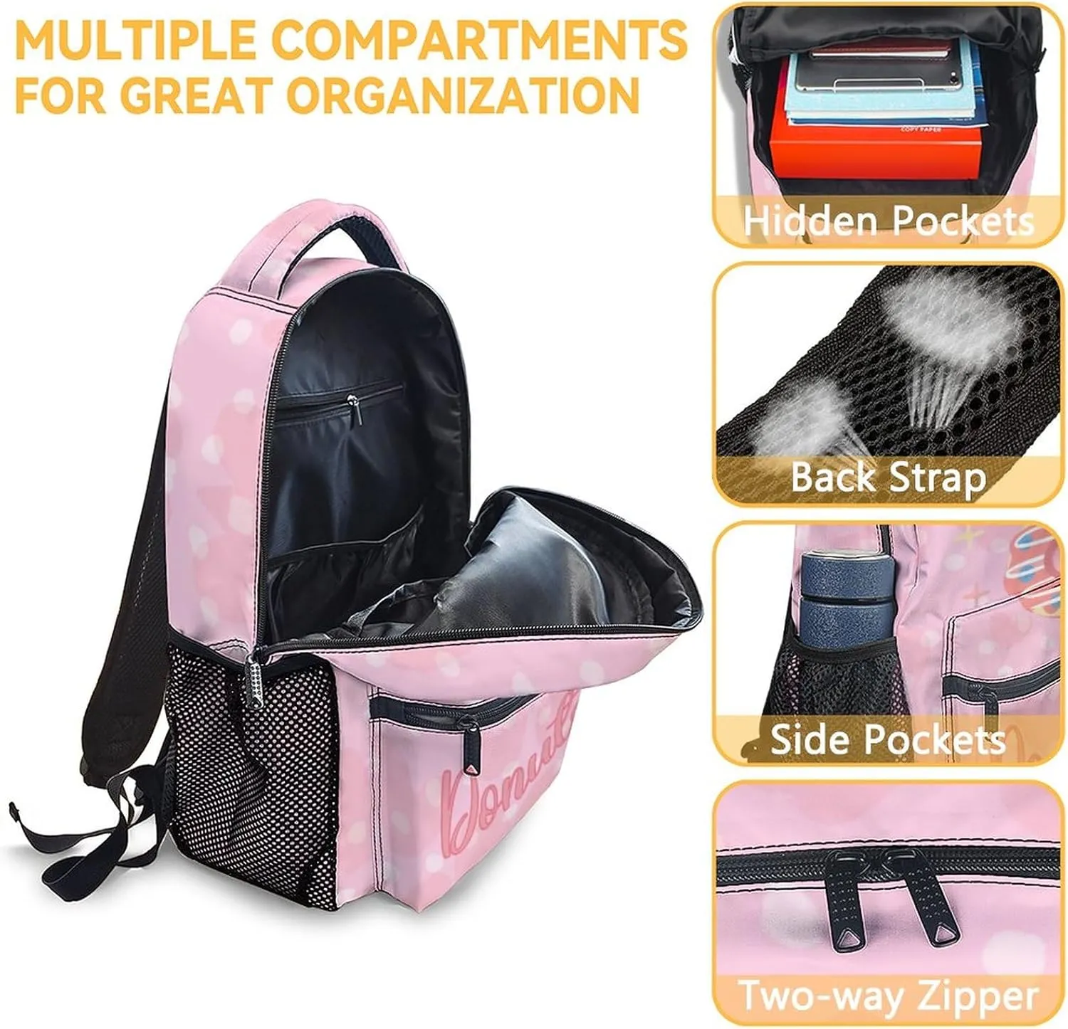 Donut Backpack with Lunch Box Set for Girls - 3 in 1 Primary Middle School Backpacks Matching Combo - Large Capacity, Durable, Lightweight, Pink Bookbag and Pencil Case Bundle